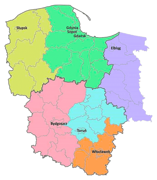 mapa - zakres terytorialny - kancelaria komornicza Grudziądz